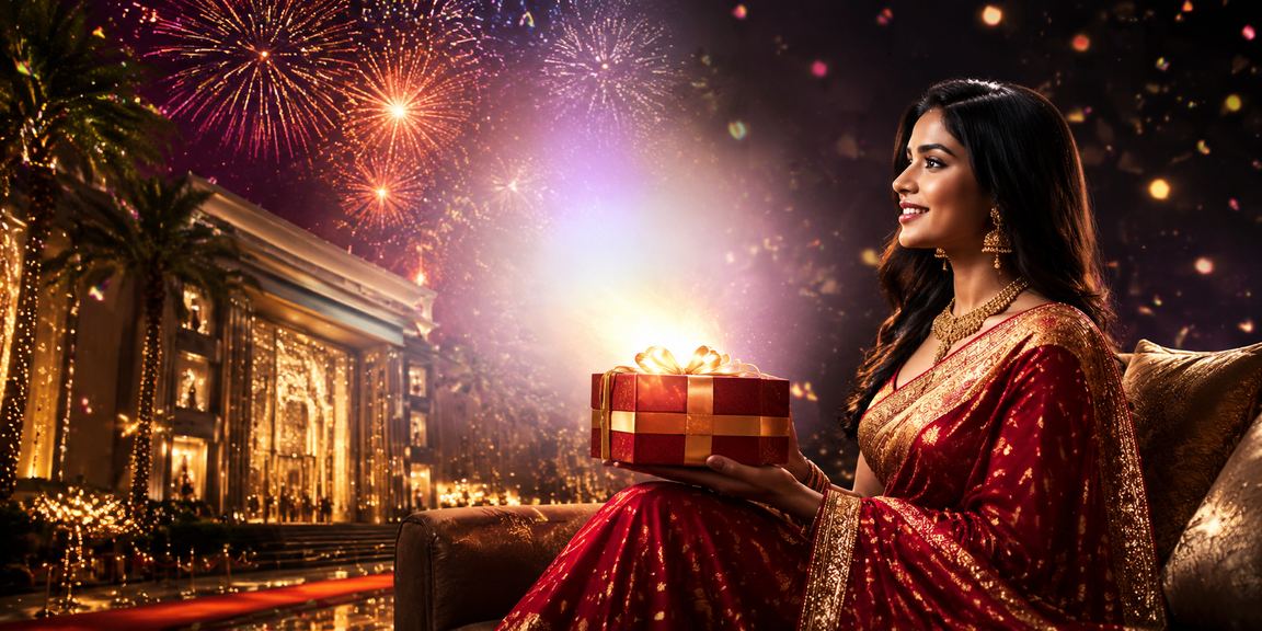 Indian woman enjoying online Rummy game on mobile with casino background